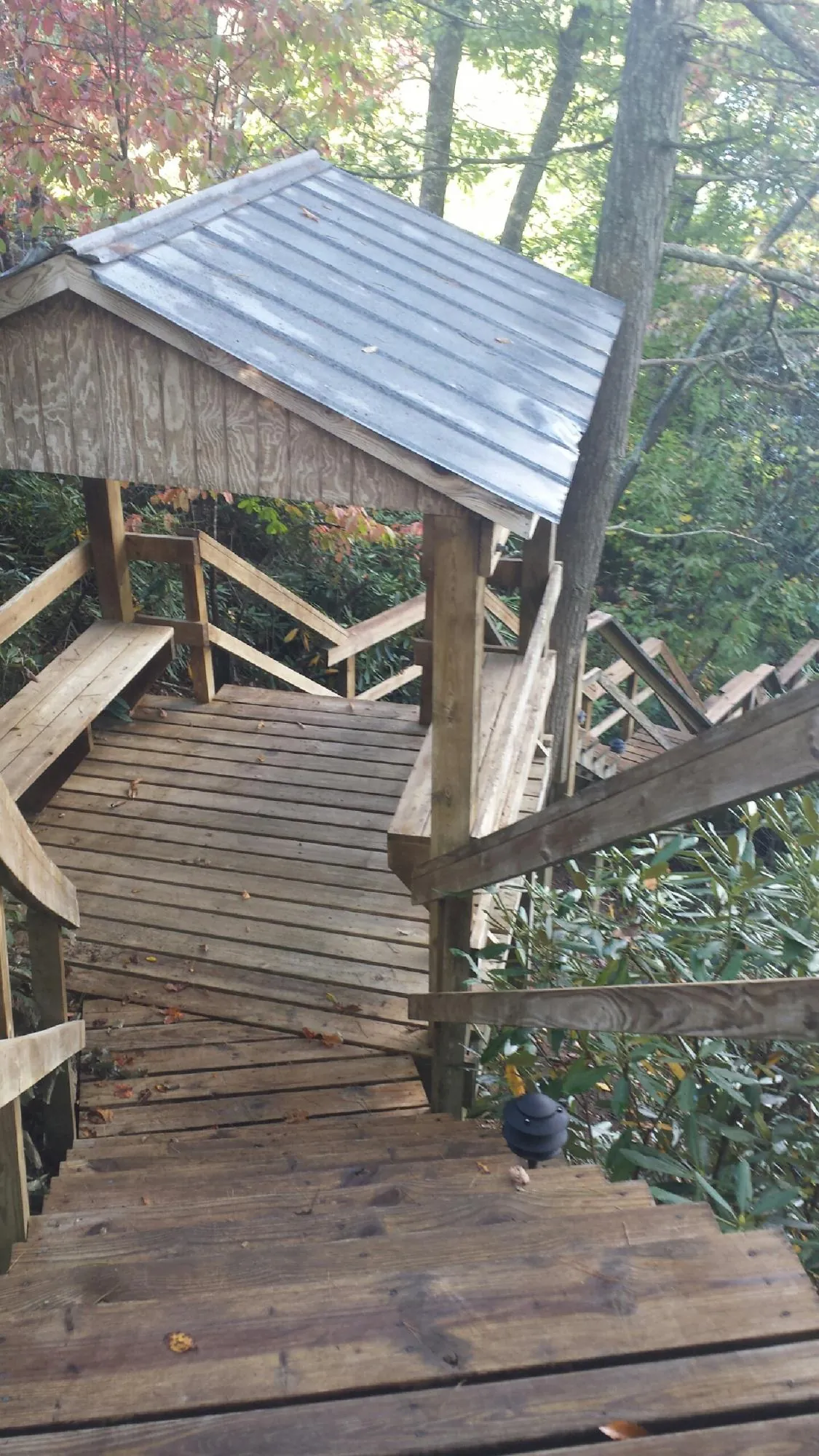 Metal roofed shelter over wooden steps on a wooded walkway — Skylight Repair & Installation work by our crew in Lawrenceburg